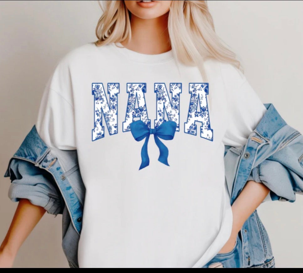 Nana Blue Floral With Bow Tee