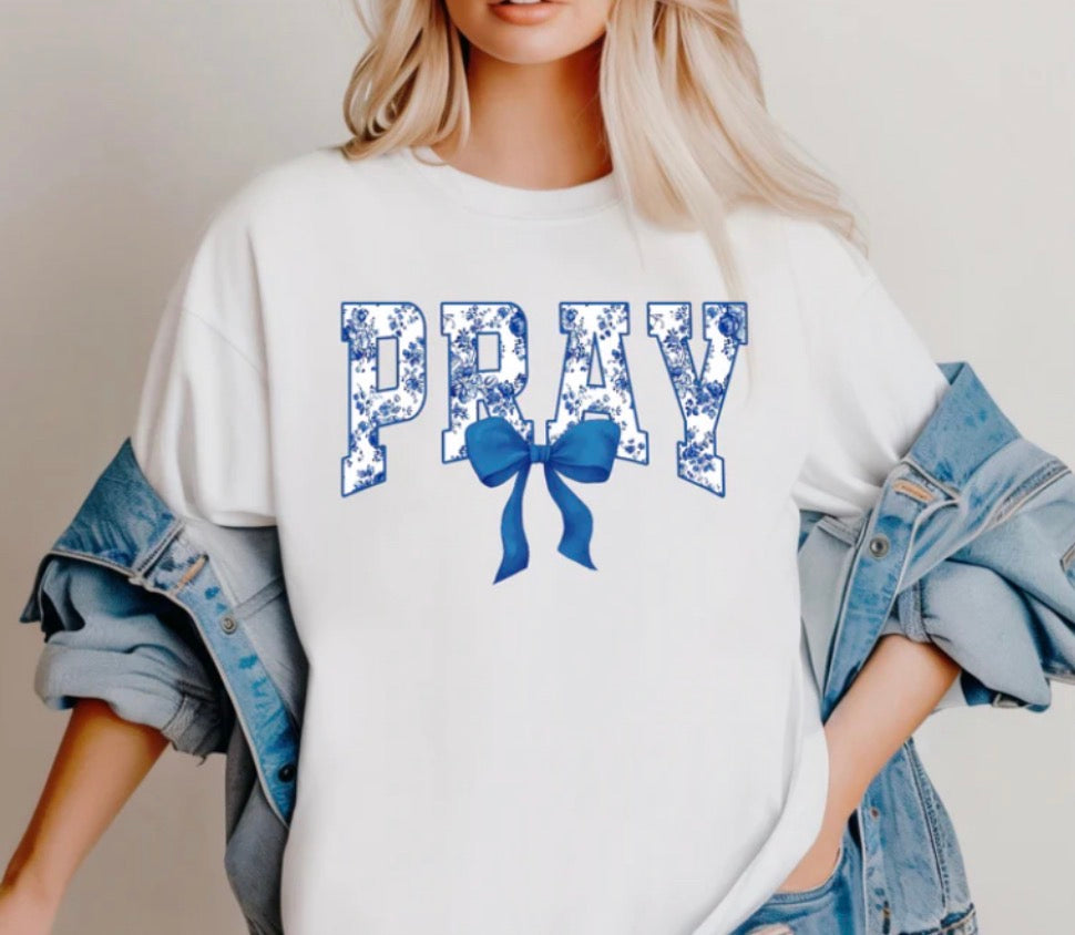 Pray Blue Floral With Bow Tee