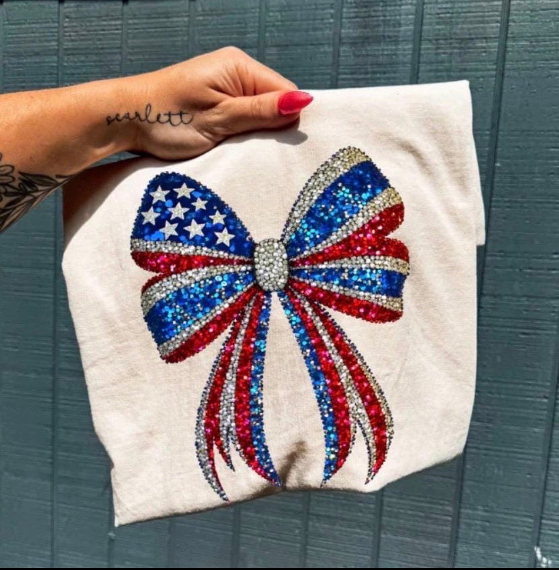 American Patriotic Rhinestone Bow Tee