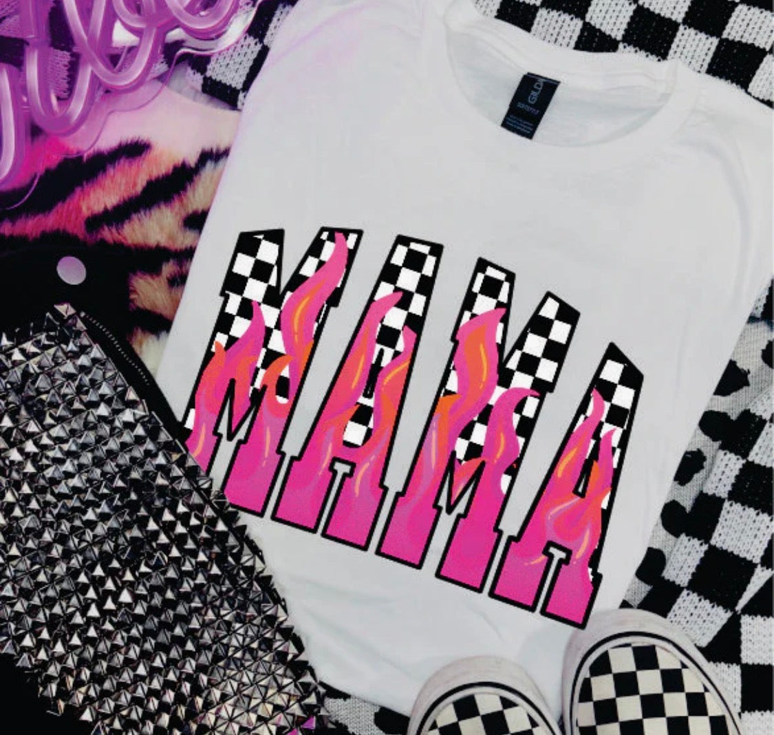 Mama Checkered Pink Flames Tee