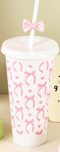 1- White 24oz Plastic Tumbler With Pink Bows With Lid & Straw