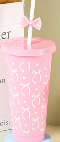 1- Pink 24oz Plastic Tumbler With White Bows With Lid & Straw