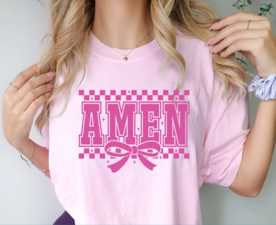 Amen Pink Checkered With Bow Tee