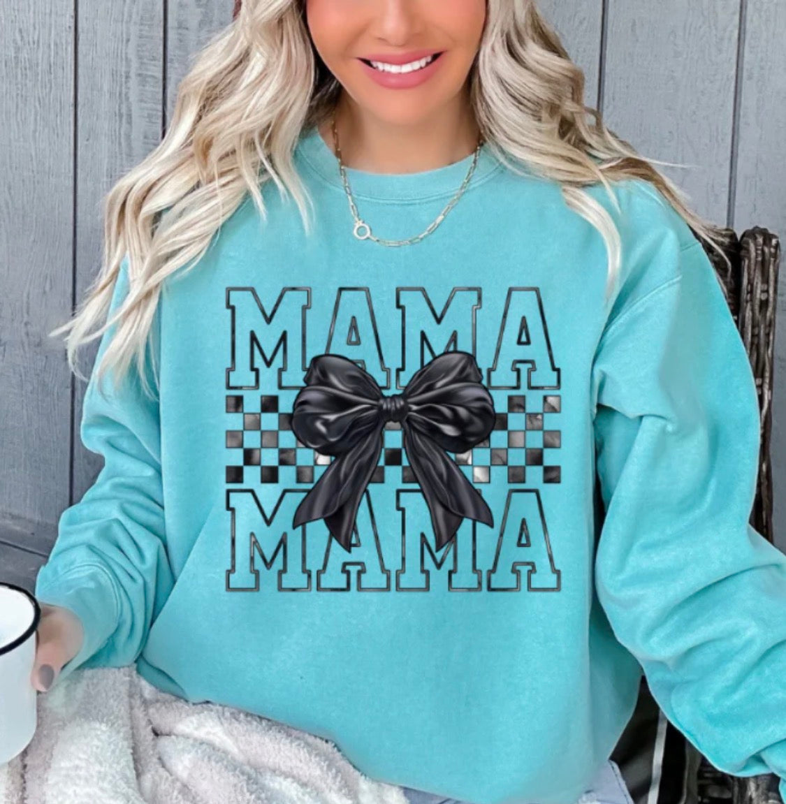 Mama Checkered With Solid Black Bow Tee