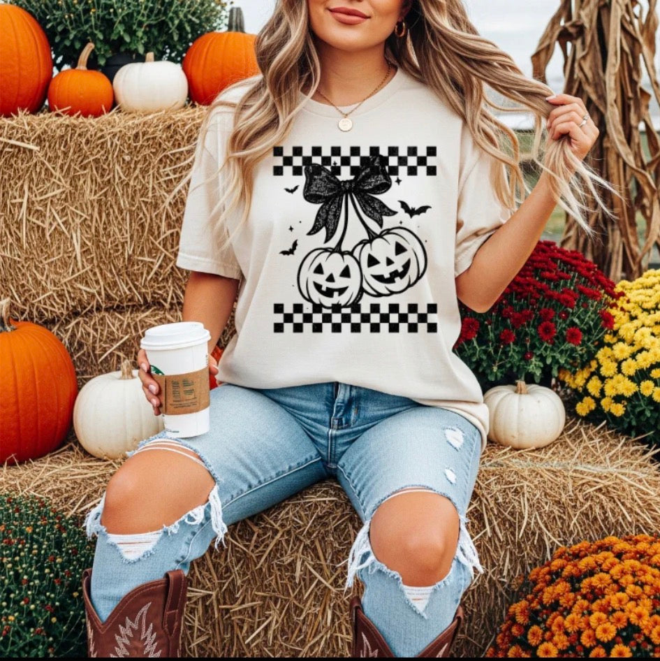 Bow Pumpkin Cherry Checkered Tee